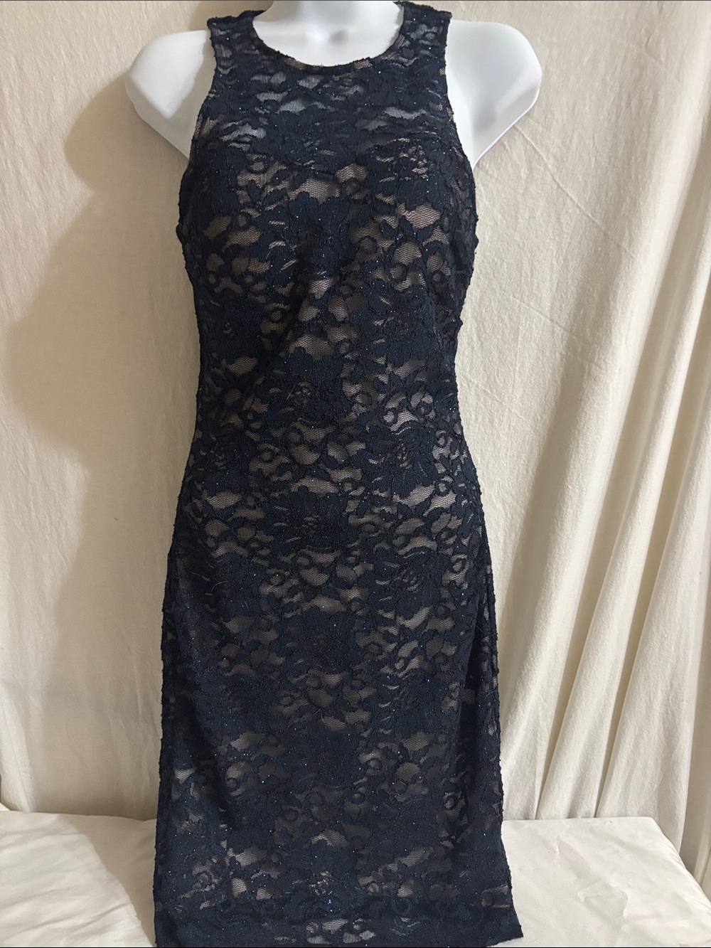 Women's Navy Lace Sheath Dress glitter foral, formal body con padded lined H